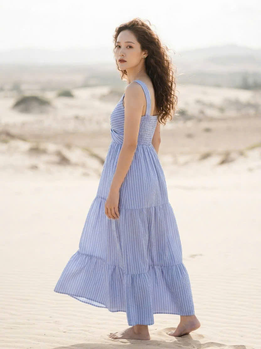 Đầm Maxi Sọc Xanh Cotton Vân Hy DRE205 Thời trang Hity
