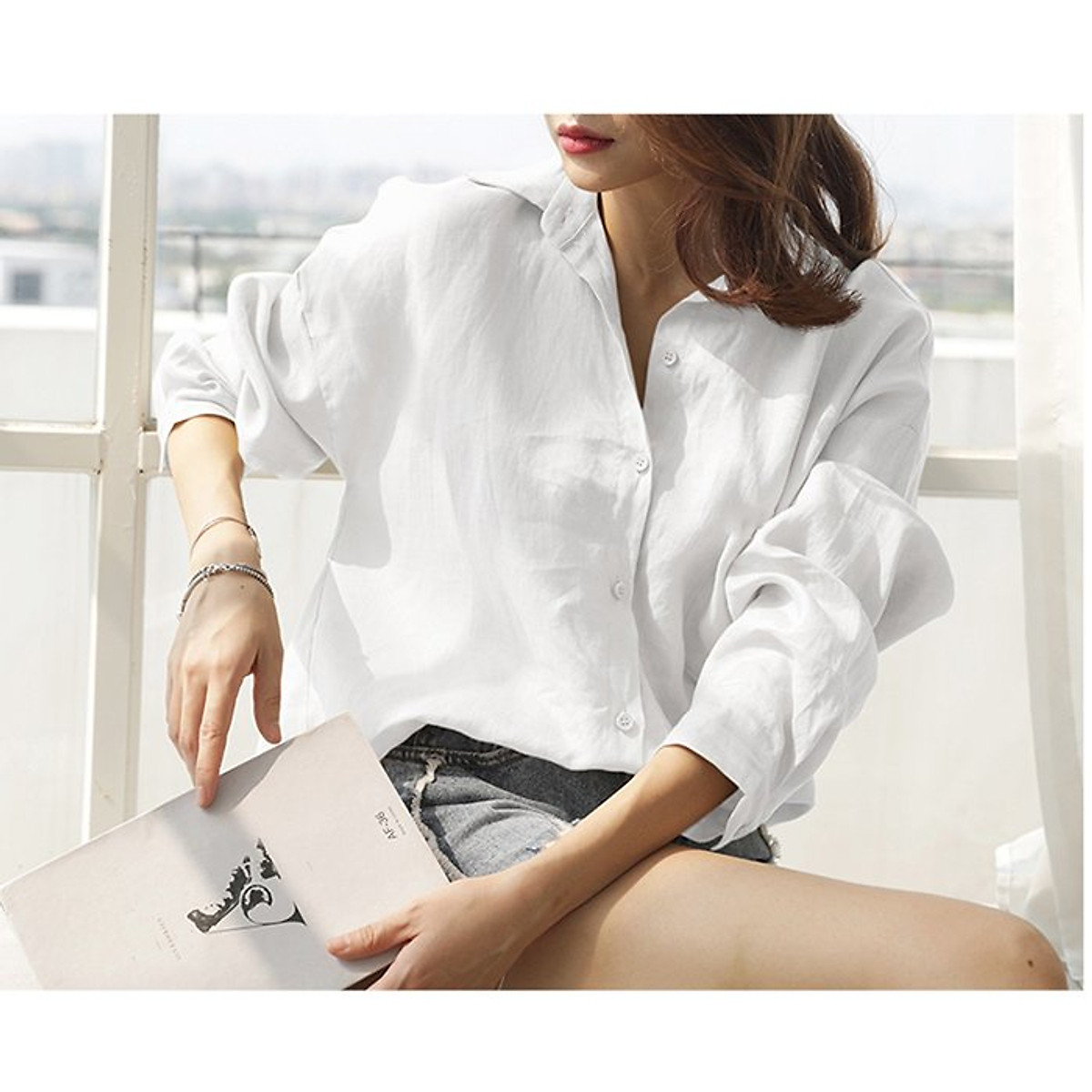 Áo sơ mi nữ Linen Premium form rộng trễ vai đuôi tôm trẻ trung