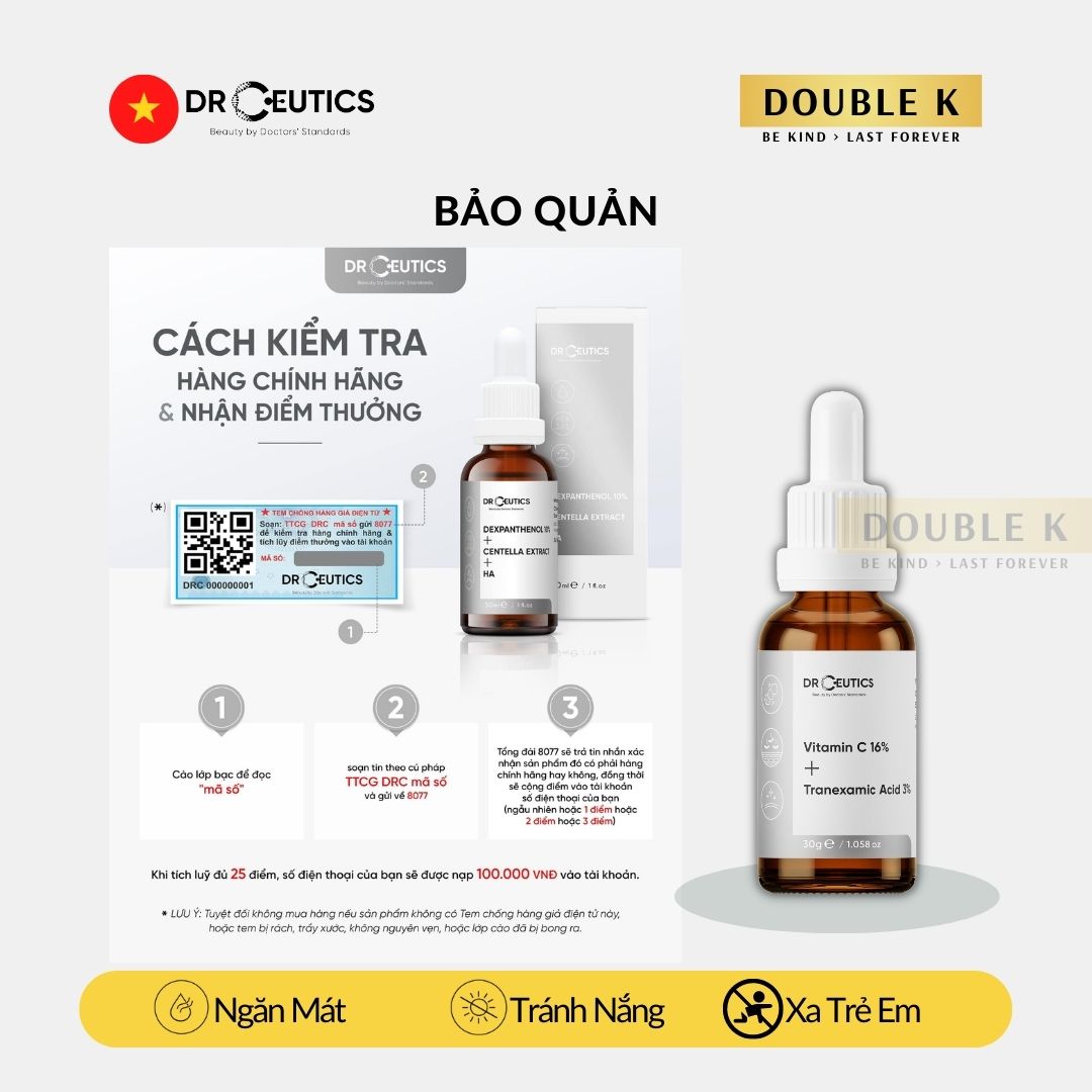 DrCeutics Vitamin C 16% + Tranexamic Acid 3% - Serum Sáng Da, Mờ Sạm Nám; Chống Lão Hóa - Double K