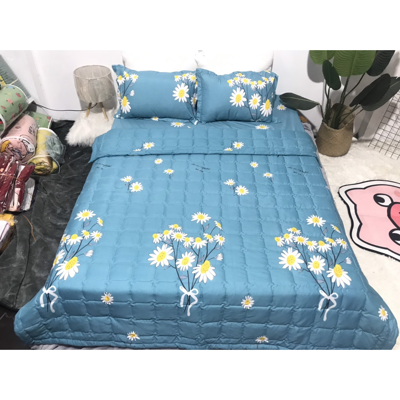 Bộ Chăn Ga Gối Hè Thu 5 Món Gồm 1 Chăn hè chần bông 1 Ga bo chun 2 Vỏ gối nằm1 Vỏ gối ôm Mã CH205 – 1m8x2m