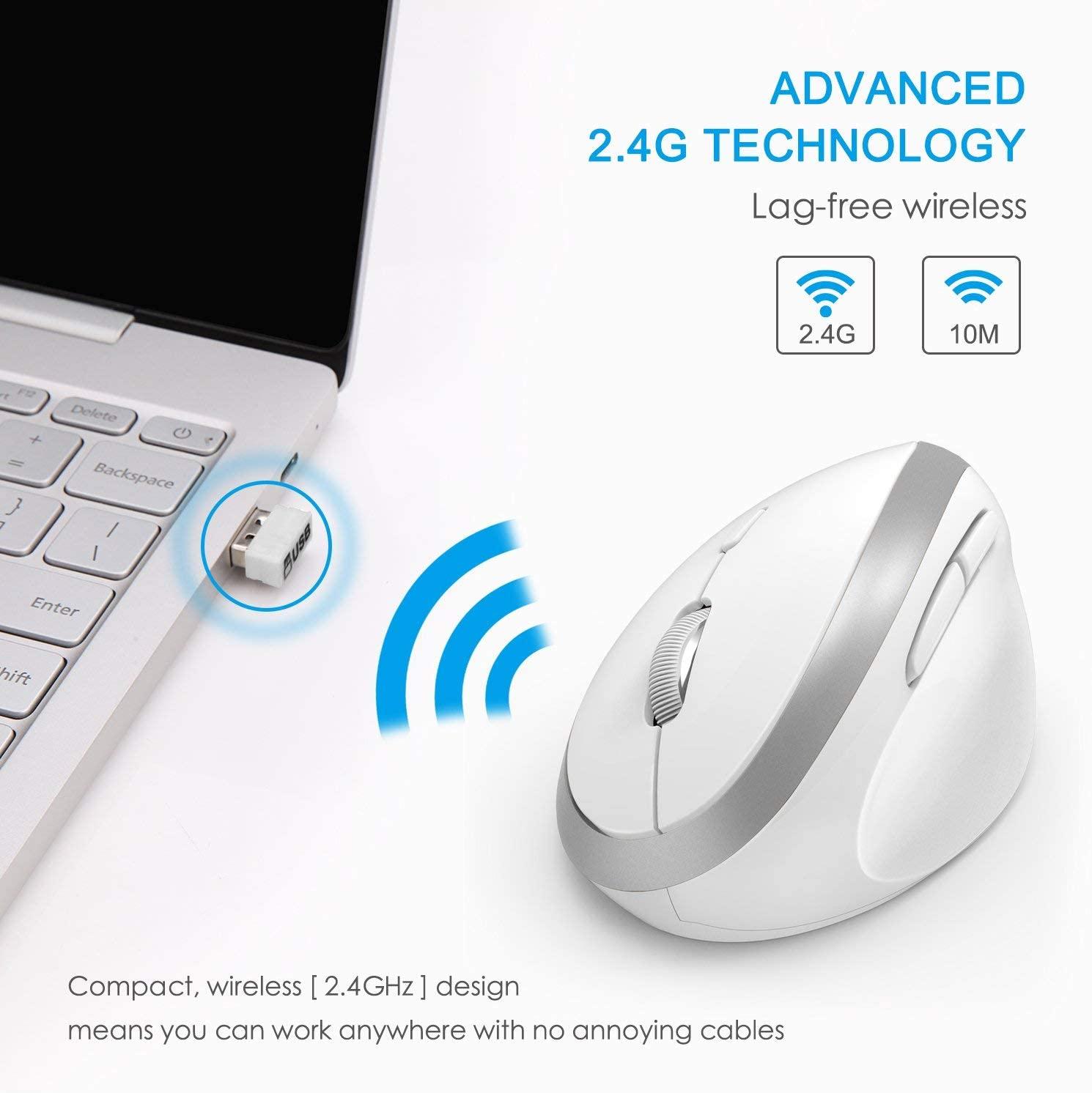 Chuột công thái học không dây - Chuột quang học thẳng đứng chính xác cao 2,4g với DPI 800/1200/1600 cho máy tính xách tay, bàn, PC, với máy thu USB