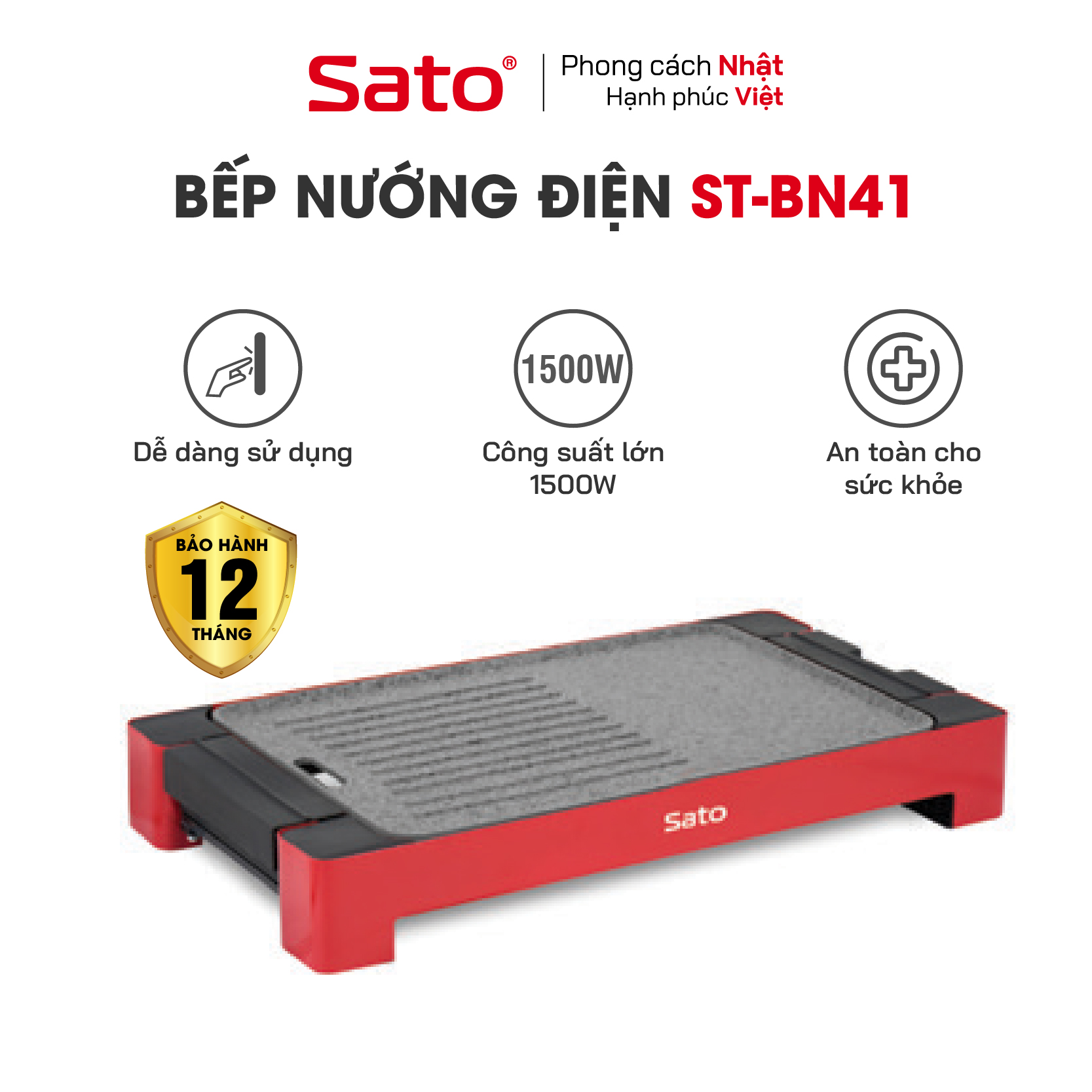 Bếp nướng điện SATO BN41 - Thân bếp hợp kim nhôm đúc nguyên khối phủ chống dính cao cấp. Công nghệ Nhật Bản - Sản xuất tại Việt Nam - Miễn phí vận chuyển toàn quốc - Hàng chính hãng