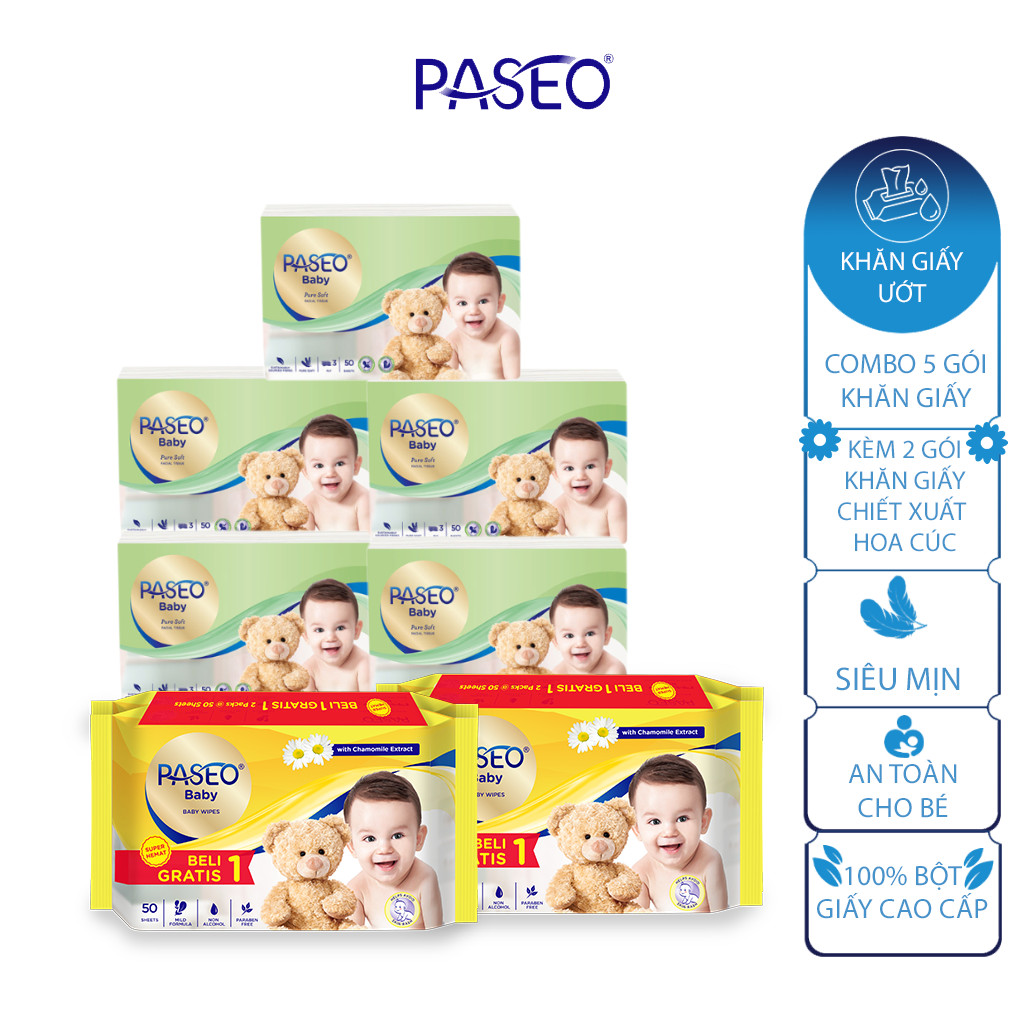 Combo 3 Khăn ướt em bé Paseo 50 tờ (1+1) –chiết xuất hoa cúc la mã Chamomile và 3 gói khăn giấy Paseo baby 50 tờ 3 lớp mềm mịn.