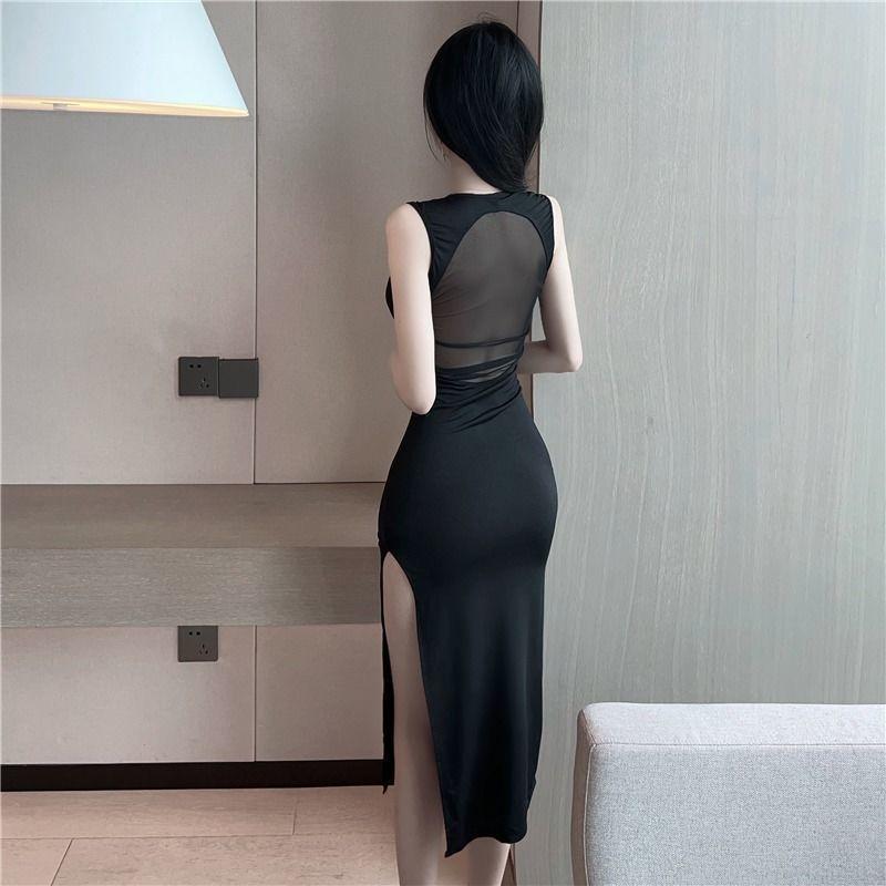 Váy ngủ sexy sẻ ren sườn xám dáng dài xẻ đùi ngực xuyên thấu C54.A79