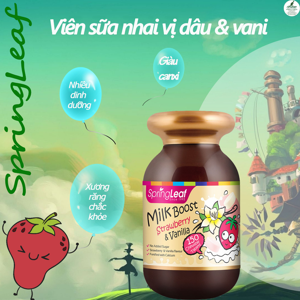 Viên nhai kẹo sữa canxi vị dâu &amp; vani giúp xương chắc khỏe cho bé SpringLeaf Milk Boost 150 viên (Date 10.2024)