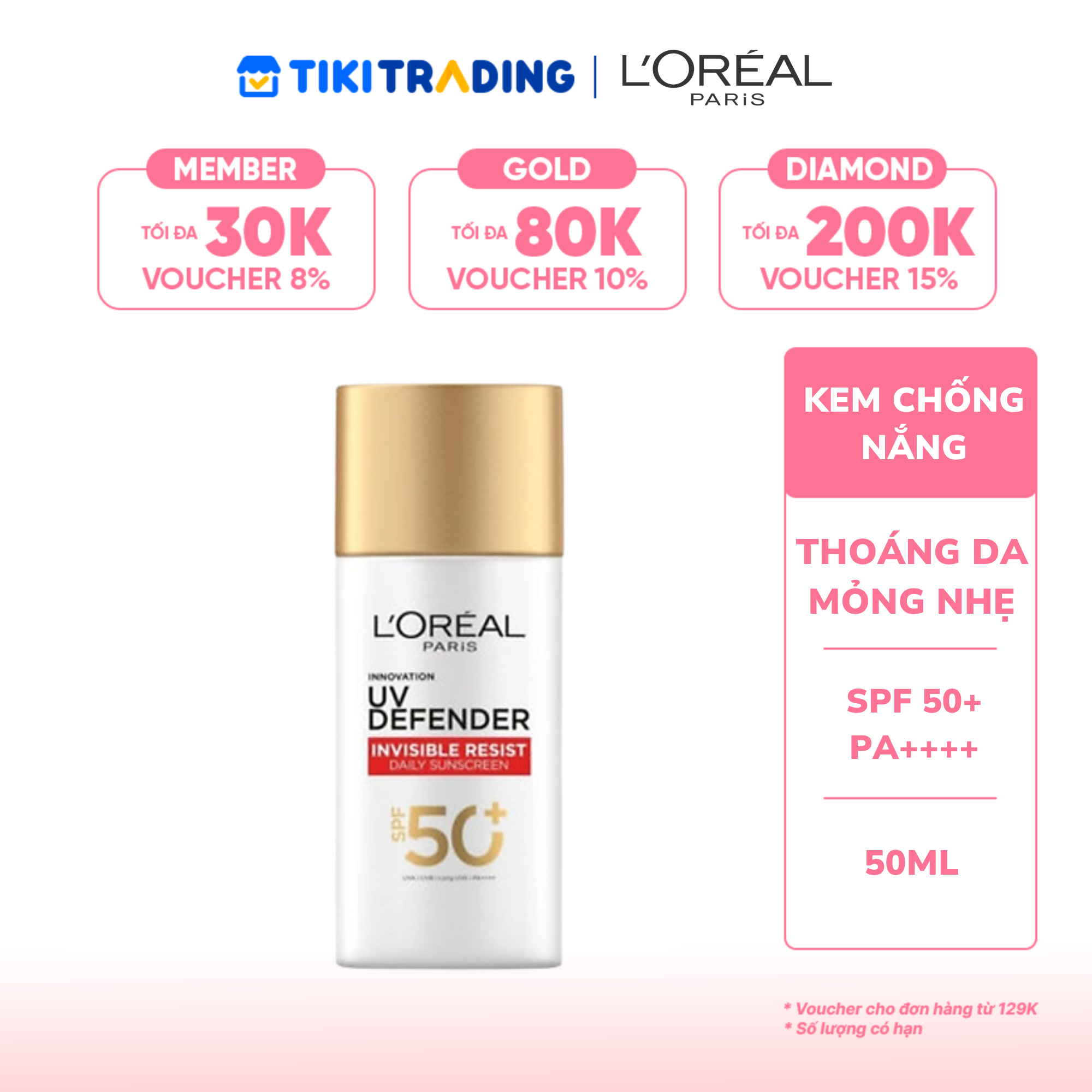 Kem Chống Nắng L'Oreal SPF50+ PA++++ 50ml - Mịn Nhẹ Nâng Tông UV Defender Bright &amp; Clear