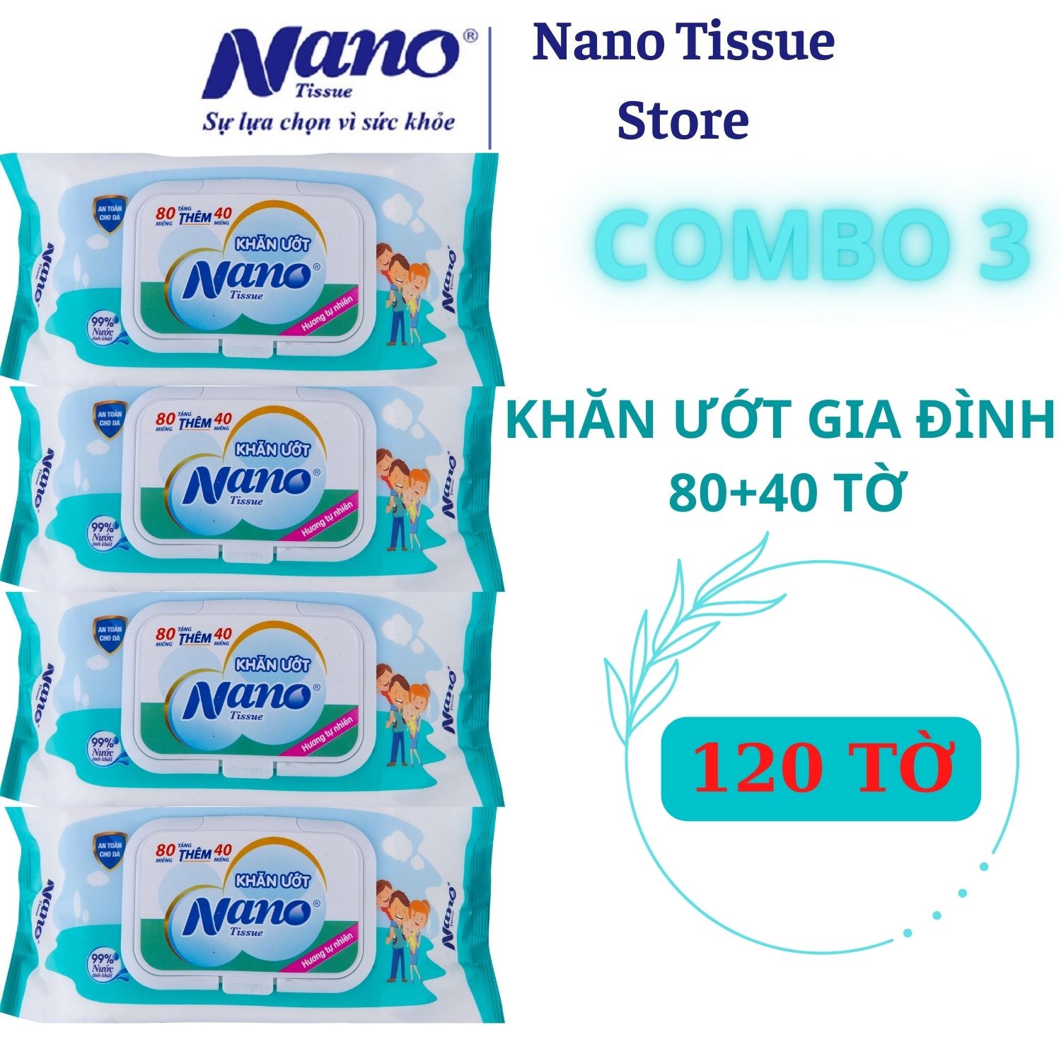 MUA 5 TẶNG 2 Combo 5 gói khăn ướt GĐ 80+40 miếng, thương hiệu Nano, an toàn tiết kiệm cho gia đình, hộp 120 tờ