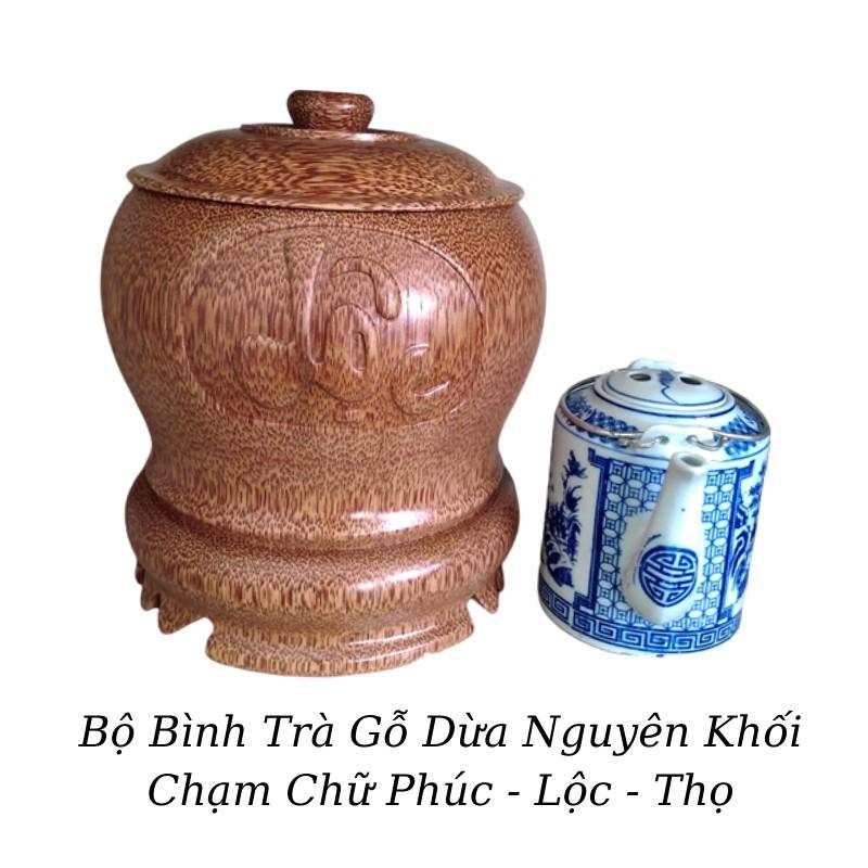 Bộ Bình Trà Gỗ Dừa Nguyên Khối Chân Đế Liền Chạm Tam Đa &quot;Phúc - Lộc - Thọ&quot; - Bình Trà 700 - 1200ml