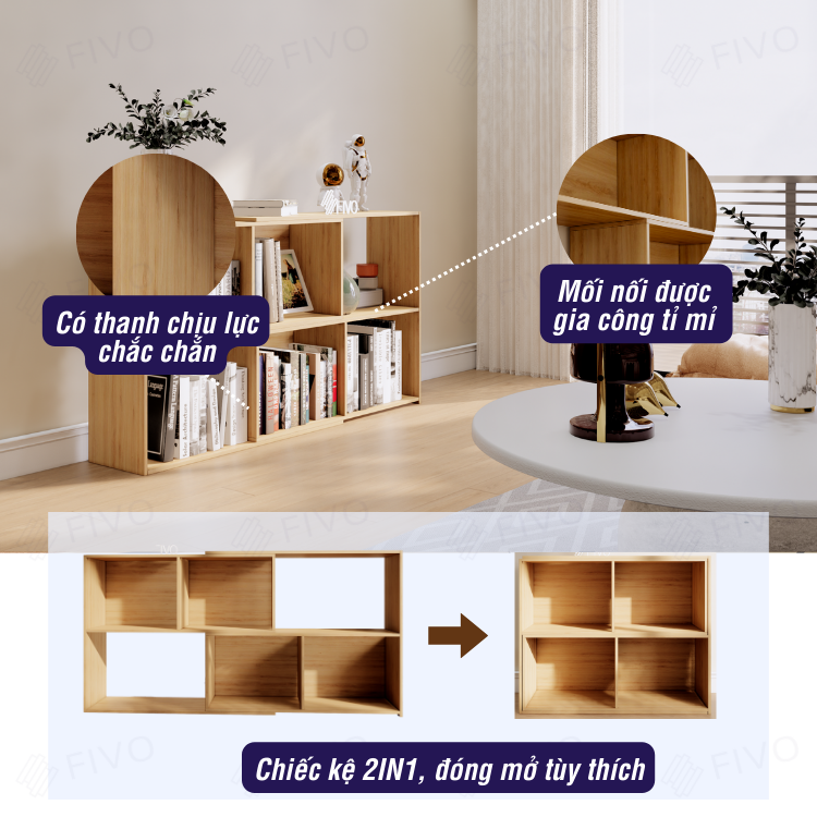 Kệ Sách Gỗ Để Sàn 2IN1 FIVO FB71 Ngang 150cm, Chất Liệu Gỗ Cao Cấp, Có Thể Đóng Mở Tùy Thích Kèm Thanh Chịu Lực Chắc Chắn