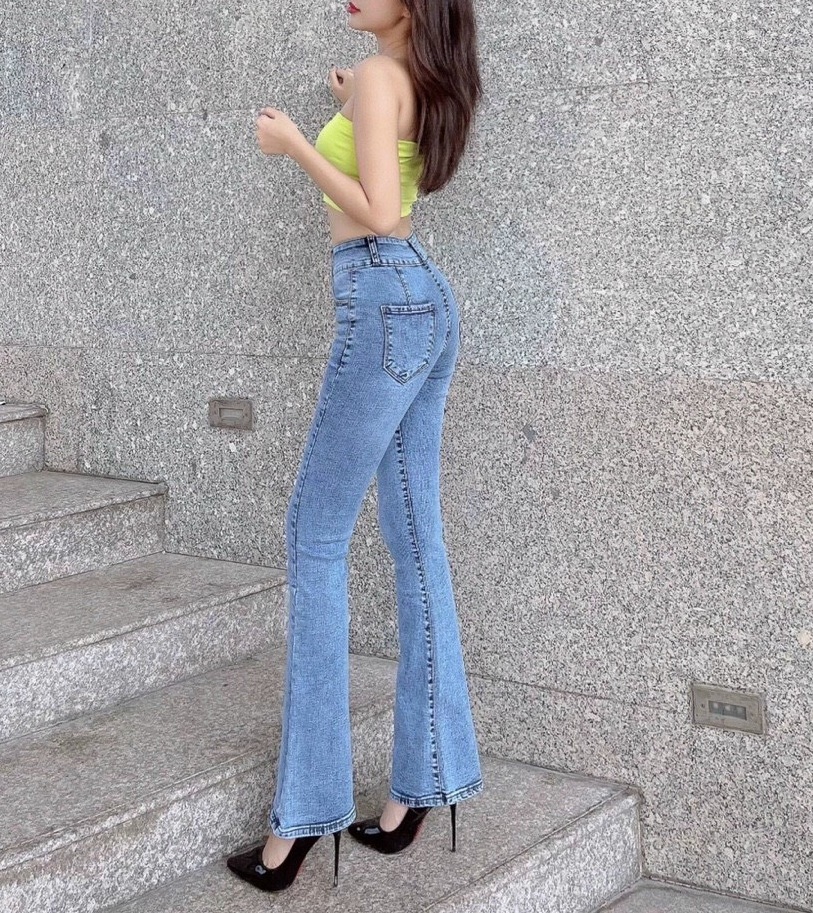 Quần Jean Nữ LƯng Cao Co Giãn 2 Nút Màu Xanh Xám Nhạt