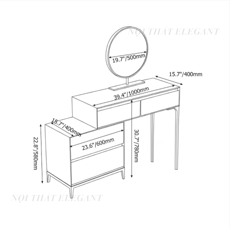 Bộ bàn trang điểm cao cấp, chân kim loại sơn tĩnh điện, gồm bàn, ghế và gương Bỉ, có 4 ngăn kéo – EL-TD12