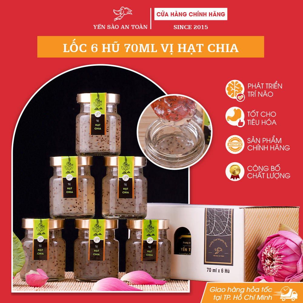 Yến chưng sẵn combo 6 hũ 70ml và 140ml vị hạt Chia tốt cho hệ tiêu hoá ĐẬM ĐẶC YẾN TƯƠI từ Yến Sào An Toàn