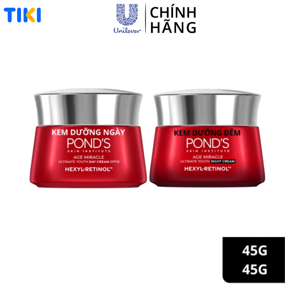 Bộ Đôi Kem Dưỡng Chống Lão Hóa Da Ngày Và Đêm Pond's Age Miracle giúp mờ đốm nâu, nếp nhăn với 50X Hexyl-Retinol 45g x 2