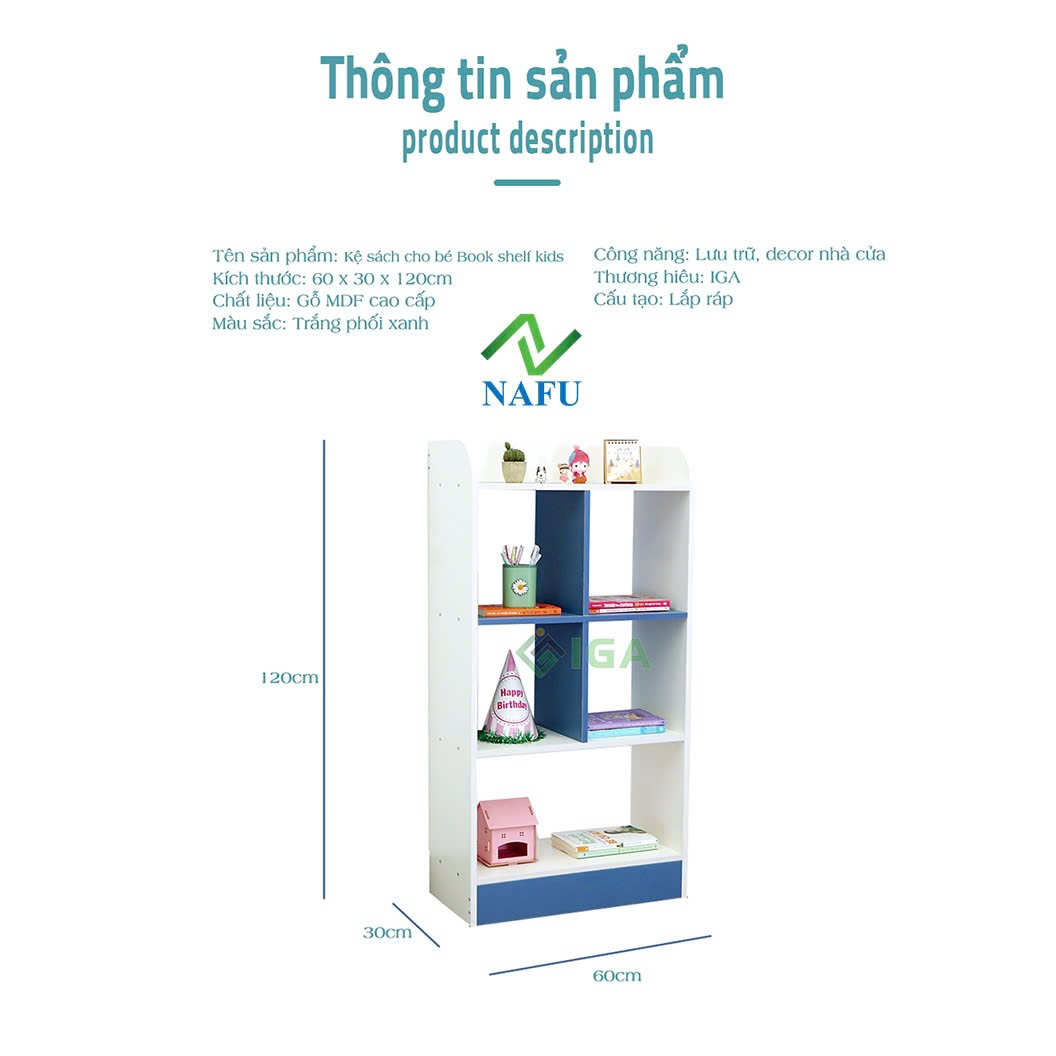 Kệ Sách, Tủ Sách Cho Bé Dễ Thương Tông Màu Trắng Xanh Tươi Sáng  GP139