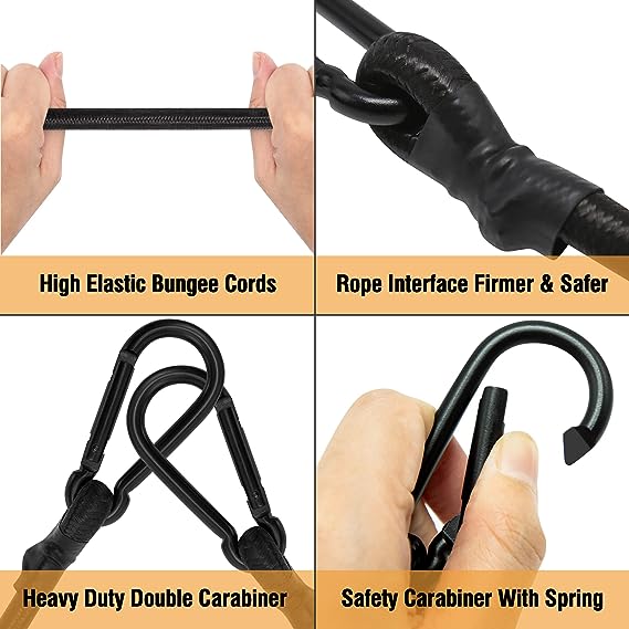 Dây ràng Cao su co giãn, loại móc Carabiner, dây dệt từ  chỉ polypropylent và lỏi cao su Grade A, đường kính 8mm, chiều dài 1m, tải trọng 20kg