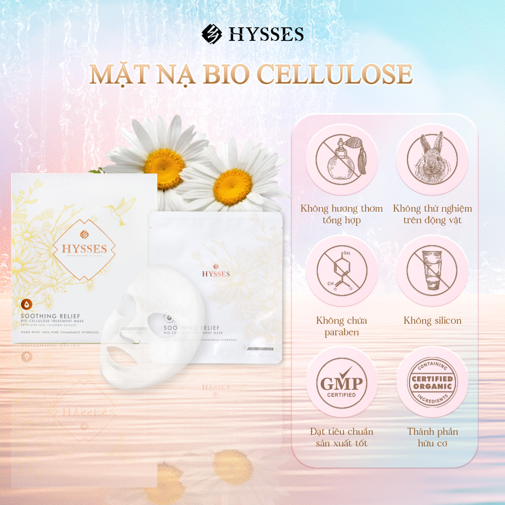 Mặt Nạ Sinh Học Cao Cấp Hysses Bio Cellulose Soothing Giảm Kích Ứng, Mẫn Đỏ, Phục Hồi Da, Chống Viêm Và Cấp Ẩm Tức Thì Với Tinh Dầu Cúc La Mã Hữu Cơ Tự Nhiên (Hộp 4 Miếng)