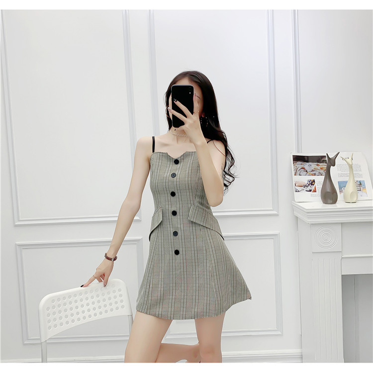 Đầm sọc 2 dây đính cúc sang trọng - A13S