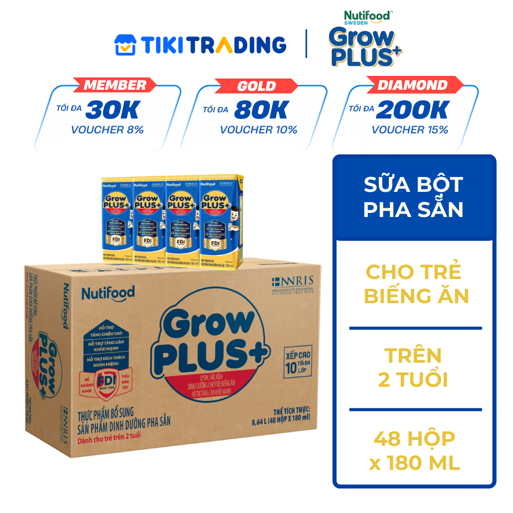 Thùng Sữa bột pha sẵn GrowPLUS+ Biếng ăn (XANH) cho trẻ tăng cân khoẻ mạnh (Trên 2 tuổi) (48 hộp x 180ml)