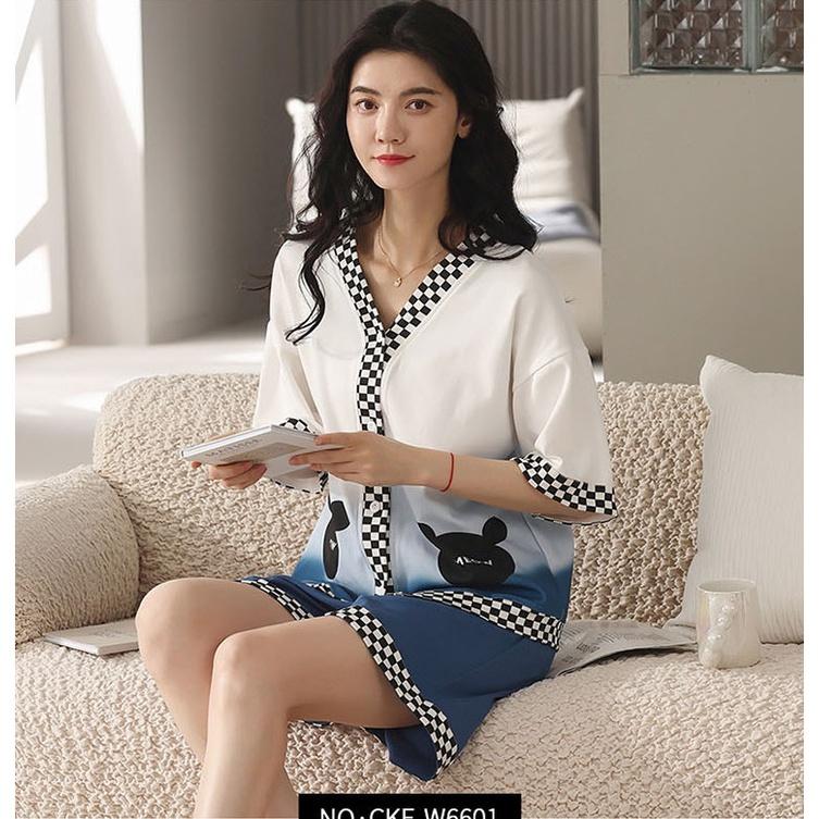 Bộ Pyjama Nữ Phối Viền Caro Dễ Thương, Set Ngủ Nữ Cộc Tay Ống Rộng 3 Màu Hàng Đẹp Cao Cấp