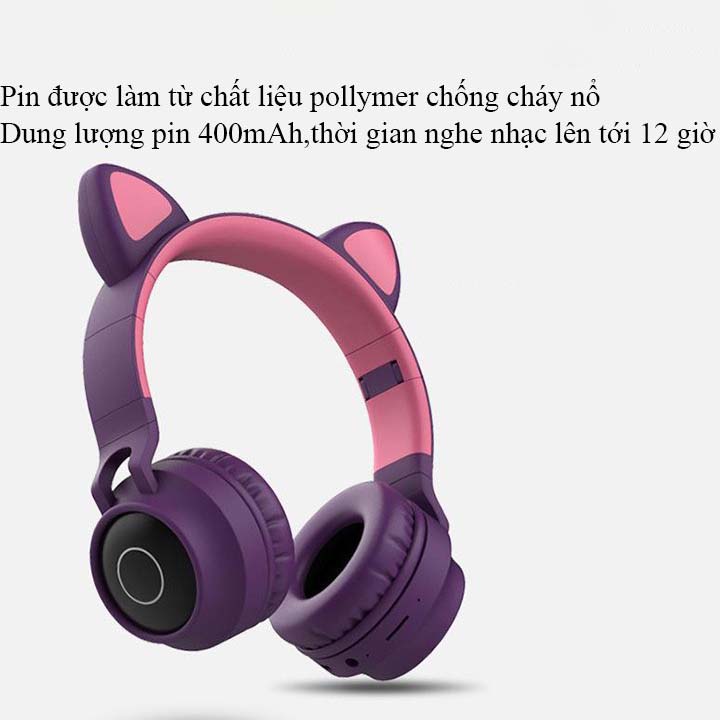 Tai nghe bluetooth, tai nghe chụp tai mèo đáng yêu có mic đàm thoại và đèn LED headphone bluetooth dùng được cho cả điện thoại, laptop, máy tính 5Tech hàng chính hãng