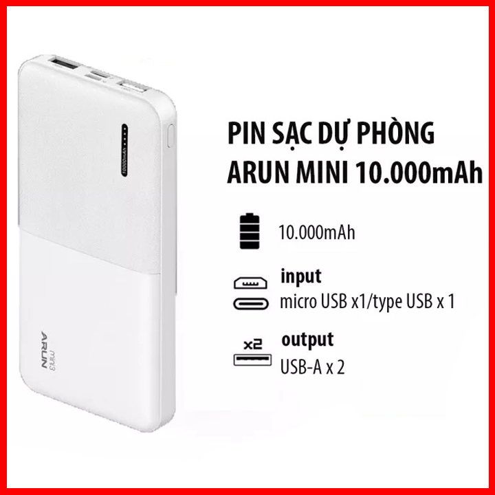 Pin sạc dự phòng Arun Mini Power Pank Mini 3 10.000mAh - Hàng chính hãng