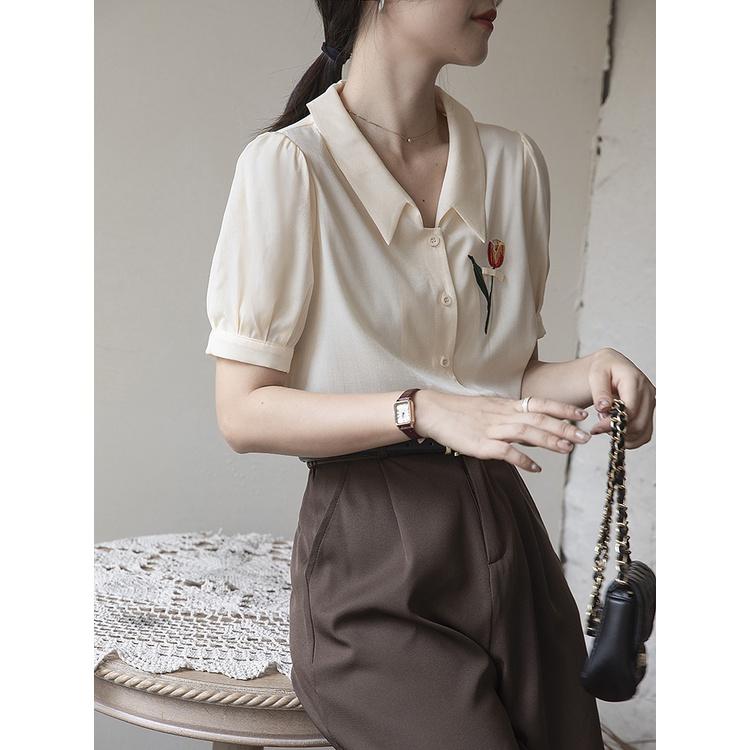 Áo sơ mi công sở thêu hoa tuy lip QUYÊN FASHION SMT009, màu hồng kiểu hàn quốc thanh lịch