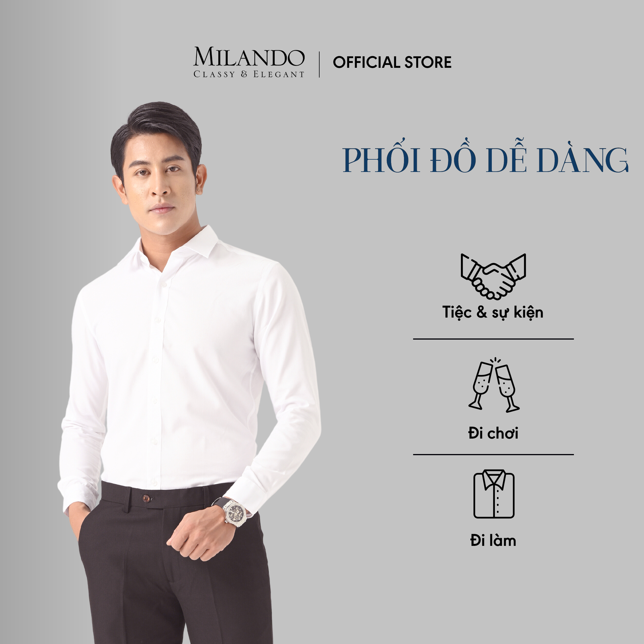 Áo Sơ Mi Nam Dài Tay Cao Cấp MYMILANDO Màu Trắng Trơn - Form Áo Rộng Vừa, Kiểu Dáng Trẻ Trung, Thời Trang Công Sở, Dạo Phố, Sự Kiện Sang Trọng