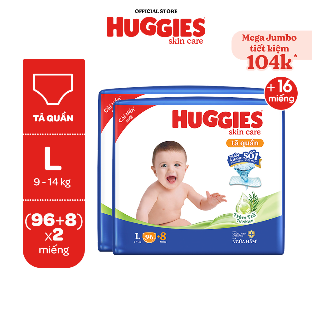 Combo 2 Tã/bỉm quần Huggies Skin Care Mega Jumbo M106/L96+8/ XL84+4/XXL76+4 với tràm trà dịu da