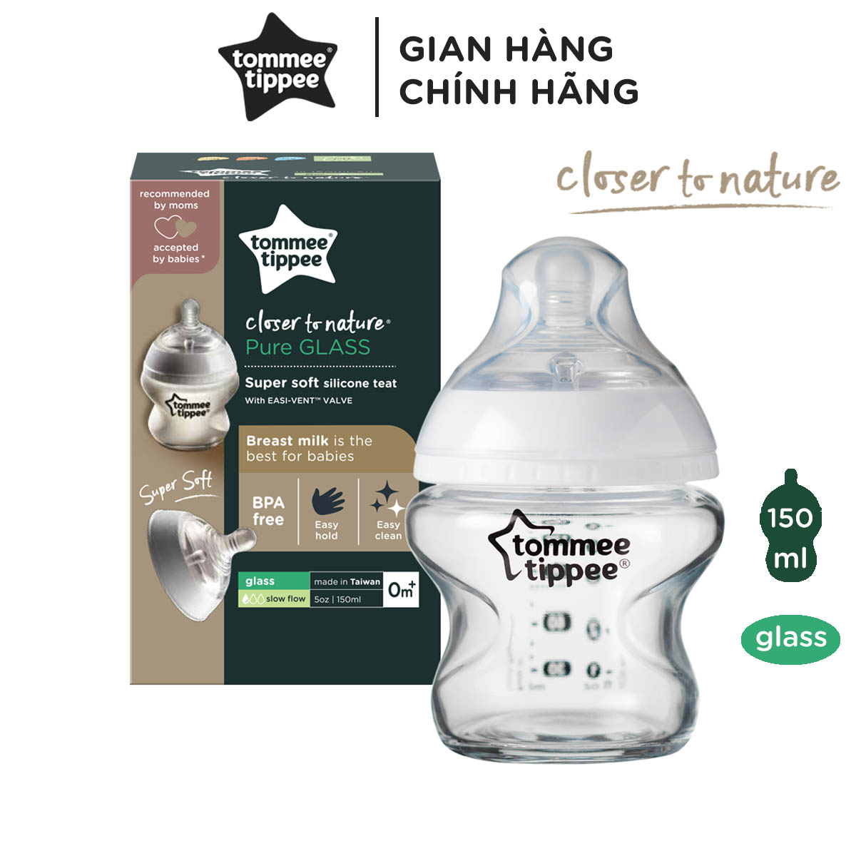 Bình sữa thủy tinh ty siêu mềm tự nhiên Tommee Tippee Closer to Nature 150ml, núm ty đi kèm 0-3 tháng