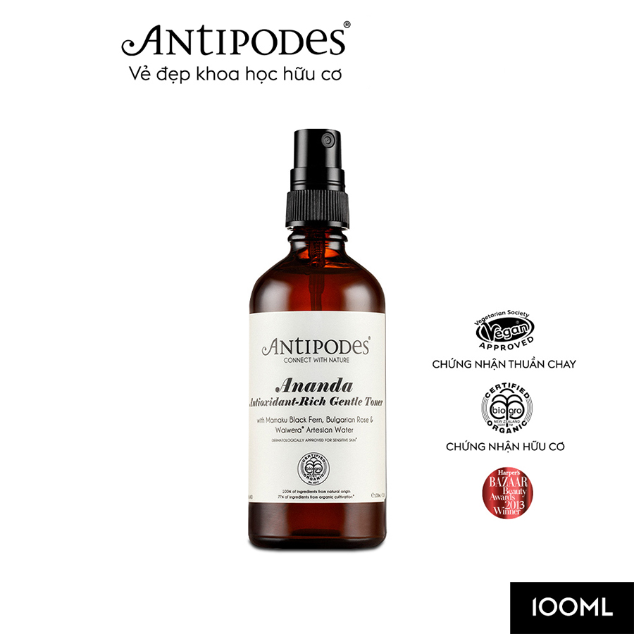 Nước Hoa Hồng Dịu Nhẹ Antipodes Ananda Antioxidant-Rich Gentle Toner 100ml (TẶNG Sữa Rửa Mặt Hỗ Trợ Tẩy Trang Dành Cho Da Nhạy Cảm Antipodes Grace Gentle Cream Cleanser &amp; Makeup Remover 120ml)