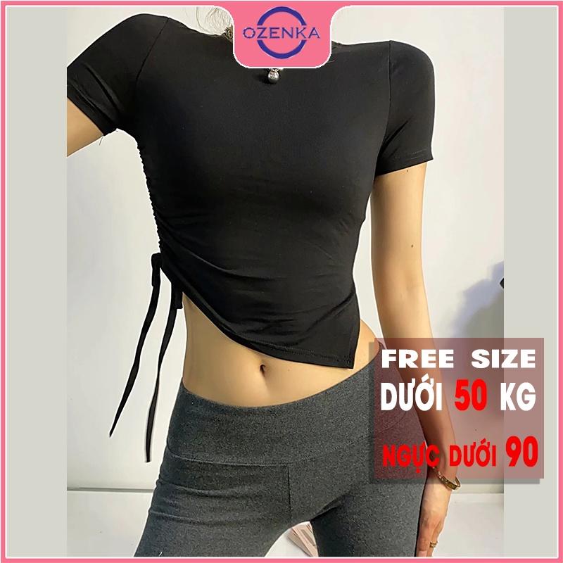 Áo croptop tay ngắn rút dây sẻ gấu cổ tròn OZENKA , crt ôm body chất liệu len gân cao cấp màu đen trắng