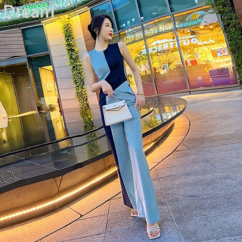 Bộ Áo Cổ Tròn Phối Màu Tương Phản + Quần Ống Rộng Lưng Cao Thời Trang Cho Nữ