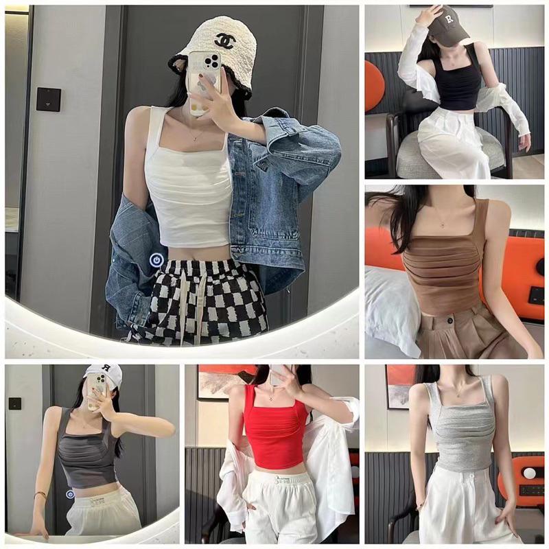 Áo thun nữ cổ vuông nhún trước ngực có đệm ngực dáng ngắn croptop mùa hè 2023