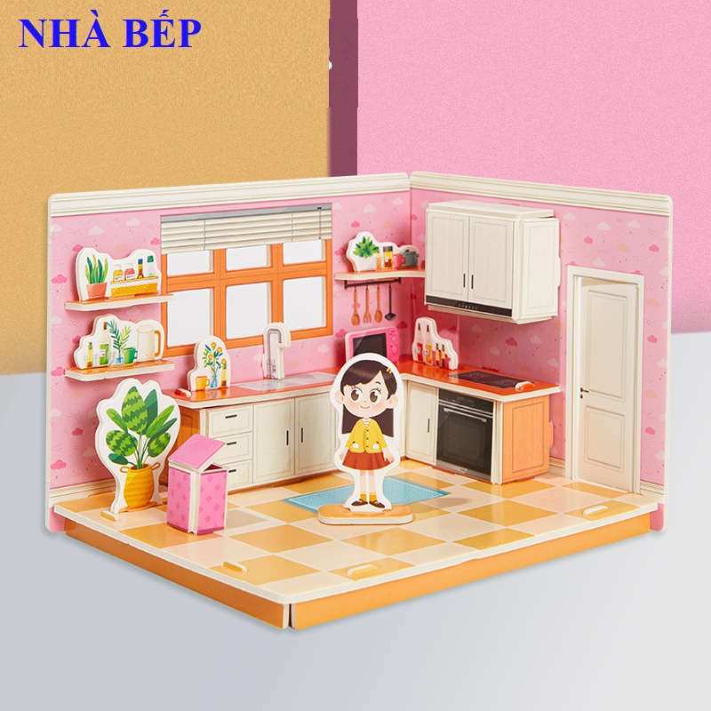 Đồ chơi cho bé gái, Combo 4 Mô hình lắp ghép phòng ngủ 3D, đồ chơi lắp ráp phát huy tính sáng tạo của trẻ