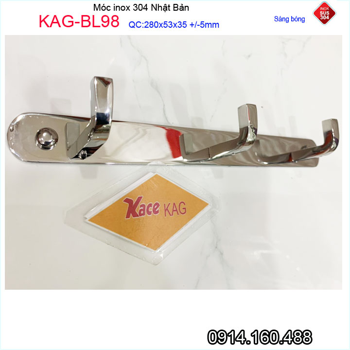 Móc khăn nhà tắm inox 304 KAG-BL98, móc treo đồ SUS304 Nhật Bản 3 móc dập khuôn vuông sang trọng tinh tế đến từng chi tiết