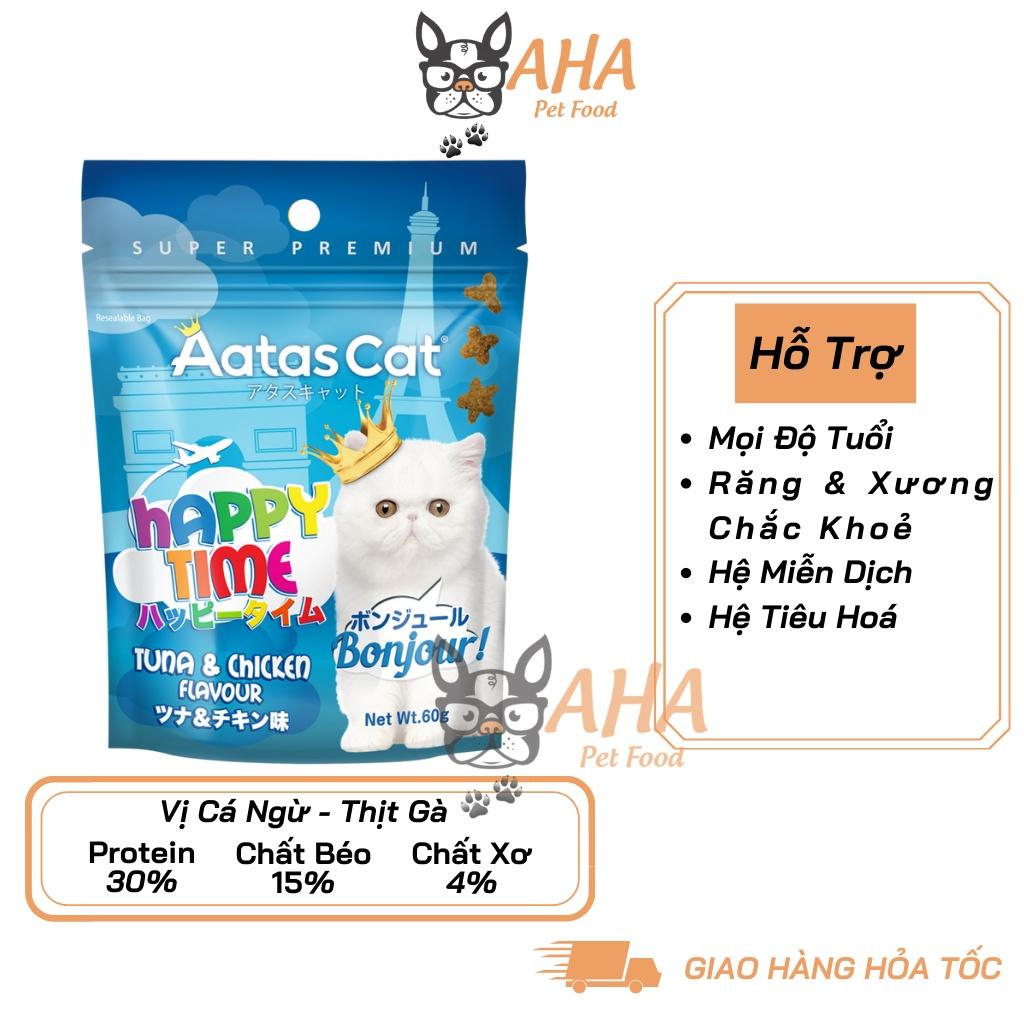 bánh thưởng cho mèo Aatas Cat 1 Bao 60g - Snack Happy Time cho mèo có 4 vị Cá Hồi, Cá Ngừ, Thịt Gà, Hải Sâm, Phô Mai