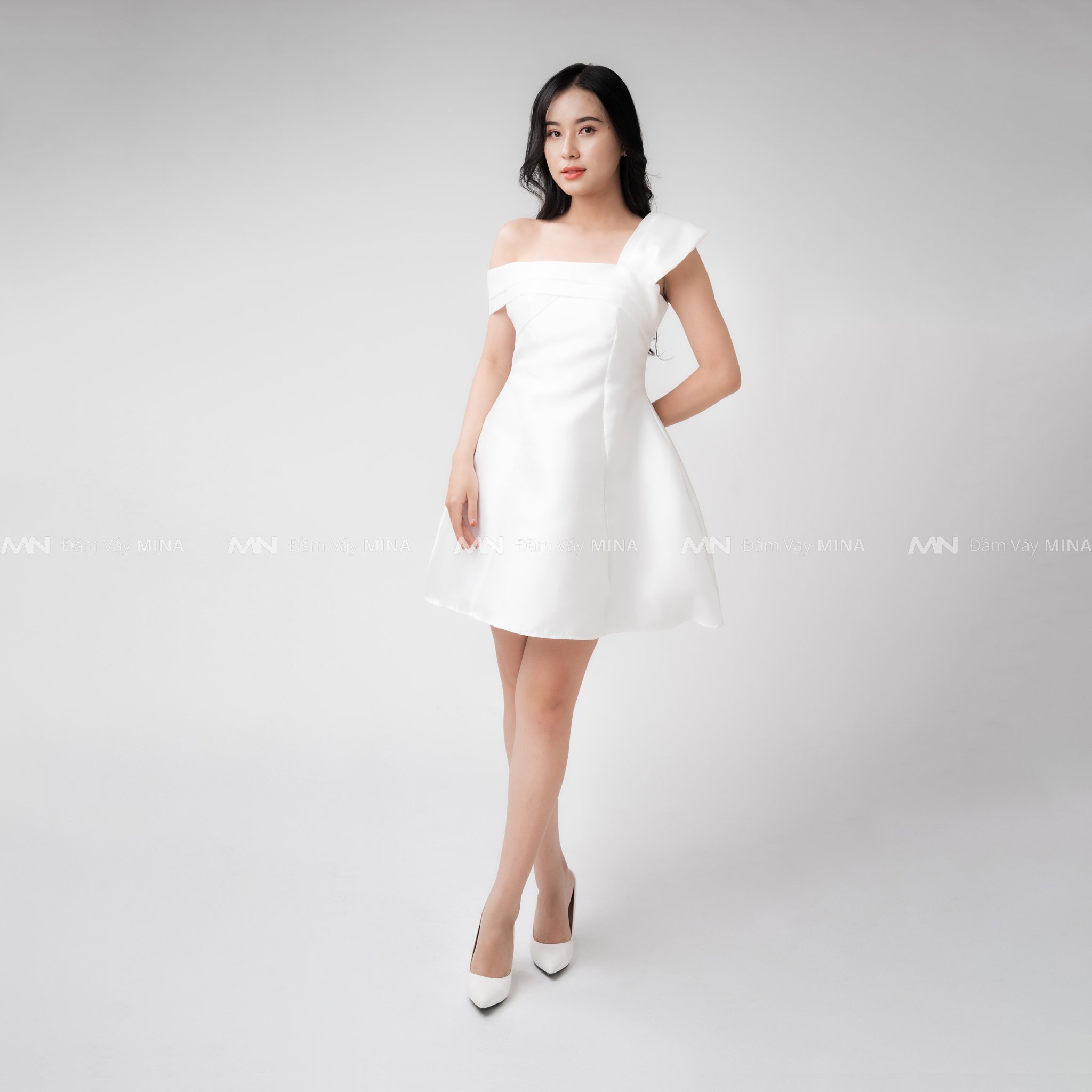 Đầm dự tiệc đầm sang trọng đầm dáng xoè Taffta nơ ngực chéo vai đi chơi dạo phố công sở - MN95 - Đầm Váy Mina
