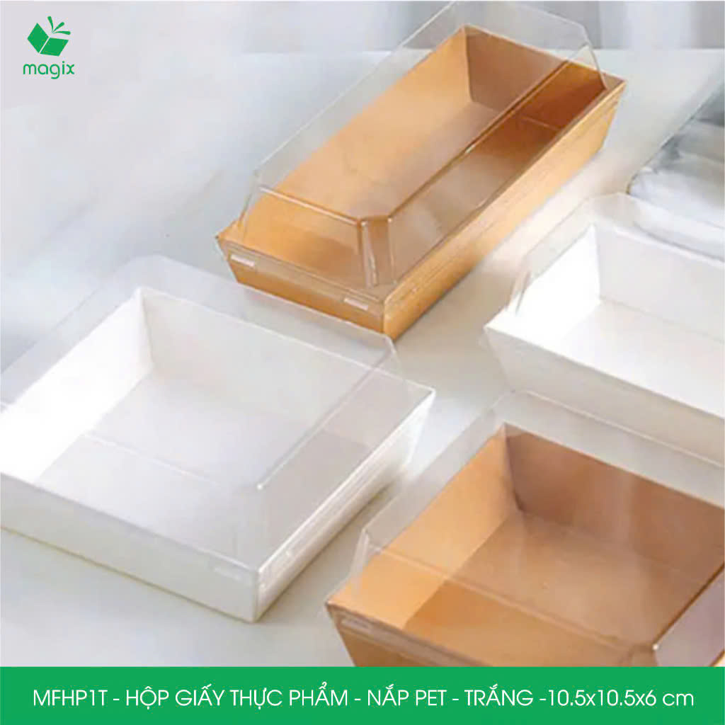 MFHP1T - 10.5x10.5x6 cm - 50 hộp giấy thực phẩm màu trắng nắp Pet, hộp giấy vuông đựng thức ăn, hộp bánh nắp trong