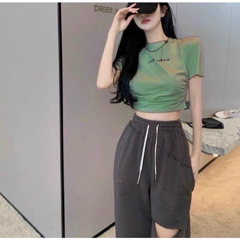 SET ÁO XANH LÁ + QUẦN SUÔNG ỐNG BO RÁCH 1 BÊN