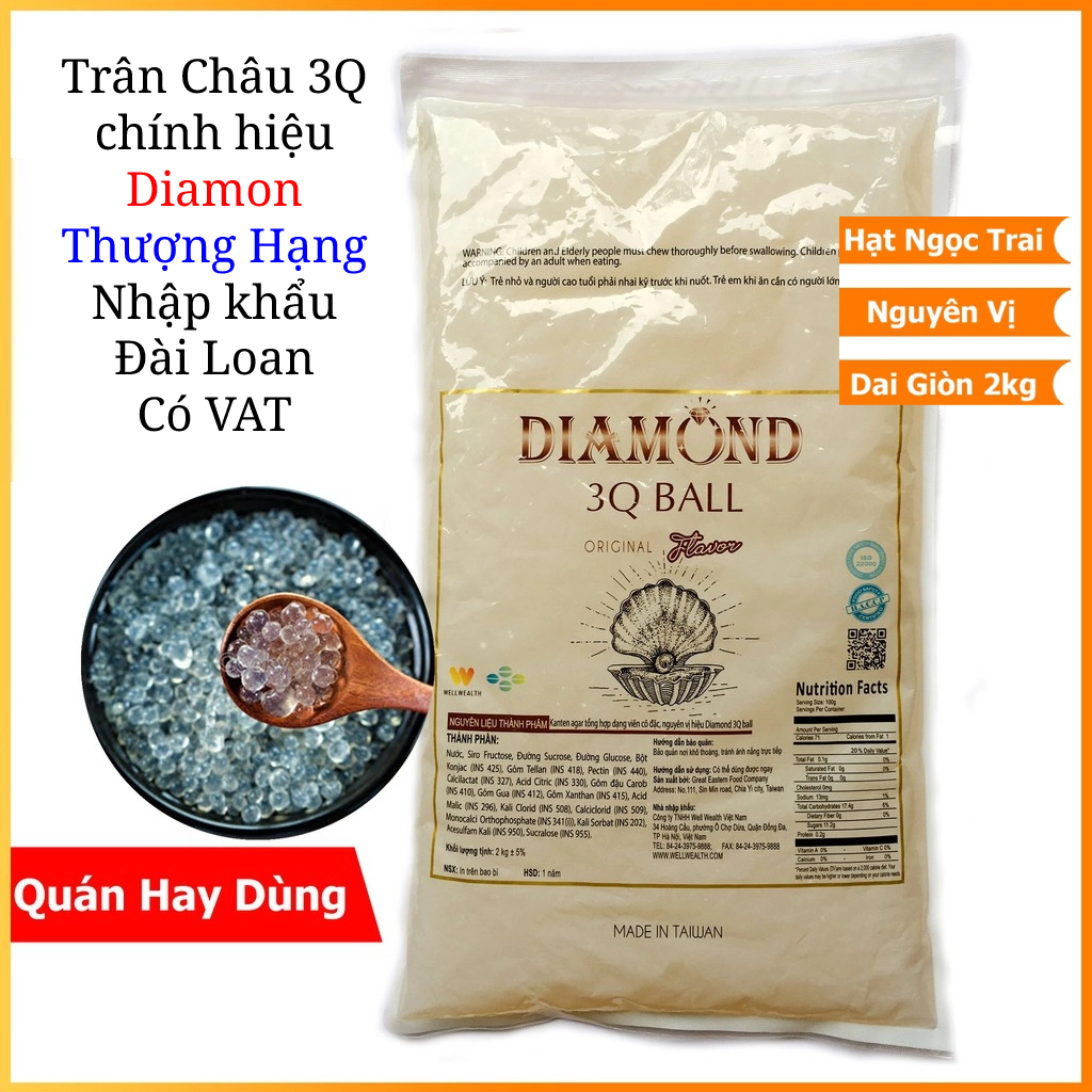 Trân châu trắng 3Q Diamond nhập khẩu Đài Loan 2 Kg, ăn liền mà không cần nấu/ Kanten Agar tổng hợp dạng viên cô đặc nguyên vị hiệu Diamon 3Q Ball 2 Kg