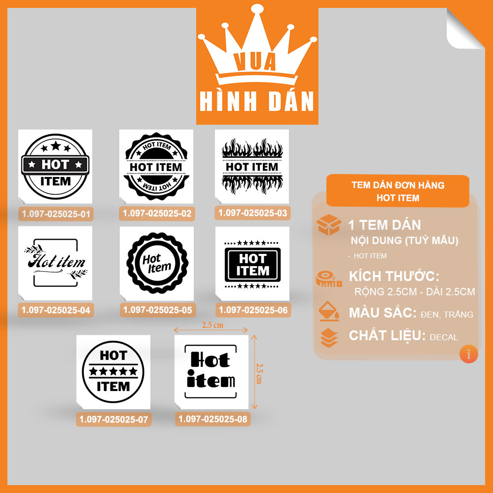 Set 100/200 sticker HOT ITEM (2.5x2.5cm) tem dán mini SẢN PHẨM BÁN CHẠY dán lên sản phẩm dành cho shop (1.097)