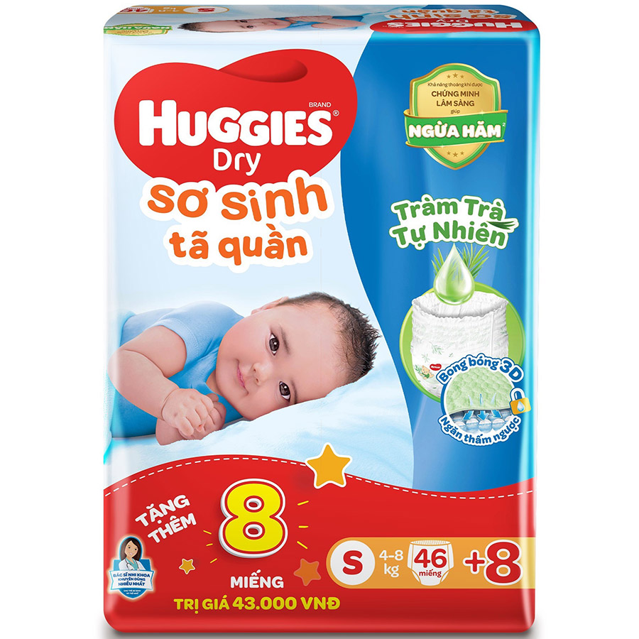 Combo 3 gói Tã quần Huggies Dry cỡ S mới (4kg-8kg) - Gói 46 miếng Tràm Trà + Tặng 8 miếng