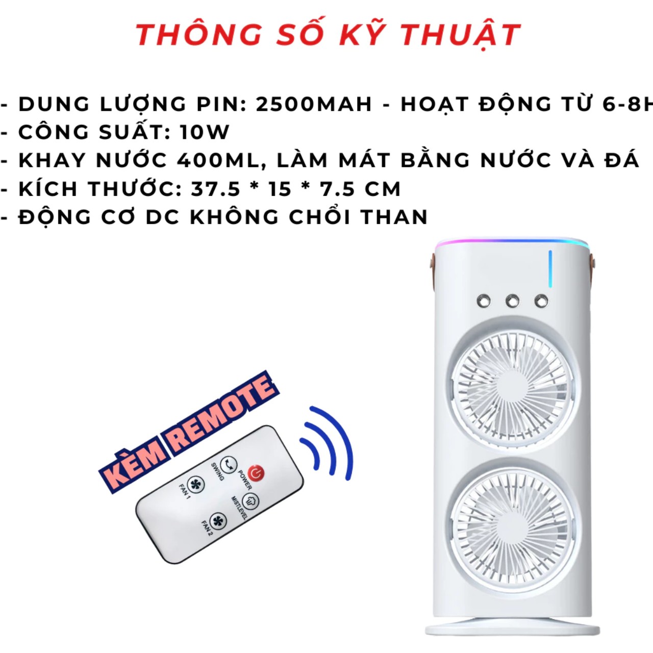 Quạt điều hòa tích điện phun sương để bàn 2 tầng xoay tự động 360 độ dung lượng pin 4500MAH sài liên tục 6h đến 8h