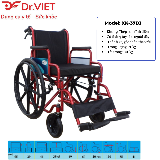 Xe lăn Lucass X-37BJ Xe lăn thép sơn tĩnh điện, thắng tay, gác chân tháo rời cho người già, người đi lại khó khăn