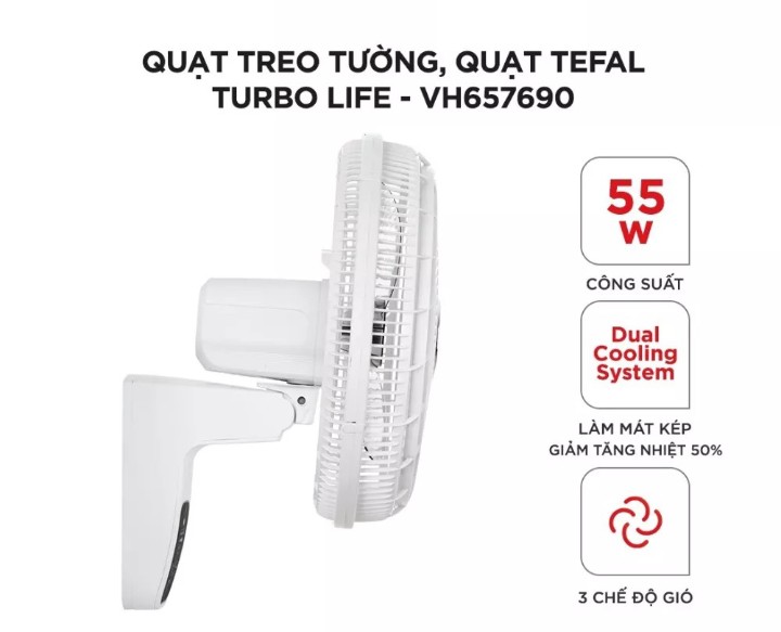 Quạt treo tường, quạt Tefal Turbo Life VH657690 - 55W, 3 chế độ gió- hàng chính hãng