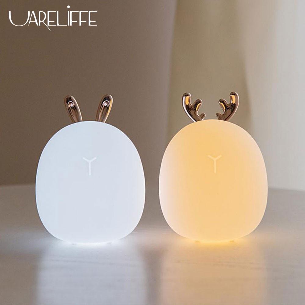 Đèn Ngủ LED Silicone Mềm Ấm Áp Hình Thỏ Hươu Có Thể Sạc Lại Bằng Cổng USB Cho Trẻ Em