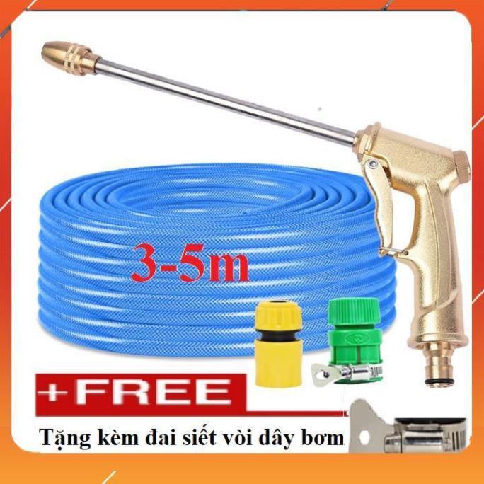 Bộ dây vòi xịt nước rửa xe, tưới cây , tăng áp 3 lần, loại 3m, 5m 206701-3 đầu đồng,cút nối nhựa vàng+ đai