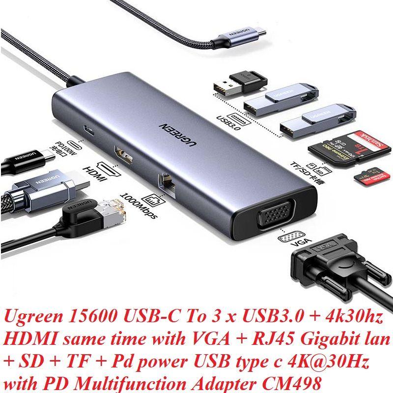 Ugreen UG15600CM498TK USB type C sang 1 x HDMI 4K30hz + 1 x VGA xuất cùng lúc + 1 x RJ45 1Gbps + TF + SD + 3 x USB 3.0 + 1 x USB-C PD 100W Bộ chuyển 9in1 - HÀNG CHÍNH HÃNG