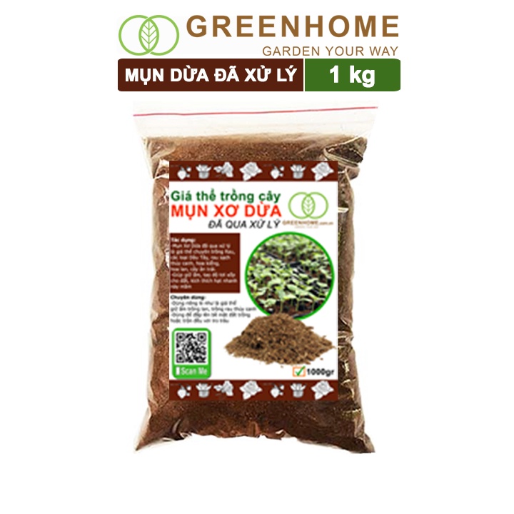 Mụn dừa đã qua xử lý, bao 1kg, chuyên trồng rau, hoa màu, dâu tây, cây ăn trái, thủy canh |Greenhome