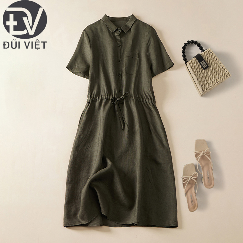 Đầm Sơ Mi Dáng Suông Dài Gài Nút Chất Đũi Có Túi Style Hàn Quốc Thời Trang Đũi Việt